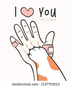 cute greeting card animal, cute kitty cat paw on human hand cartoon doodle vector