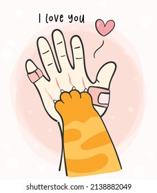 cute greeting card animal, cute kitty cat paw hi five on human hand cartoon doodle vector
