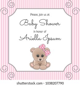 Cute greeting card for baby shower with toy bear and bow