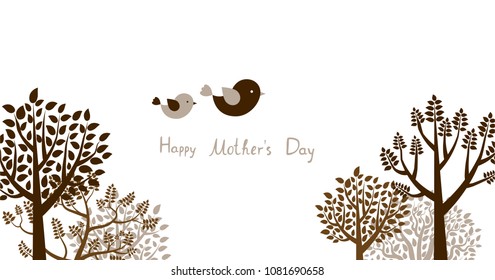 Cute greeting card or banner with trees and flying birds for Mother's day 