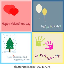 Cute greeting card for birthday, Saint. Valentine's Day and New Year/ Set of vector postcards/Cute greeting card for birthday, Saint. Valentine's Day and New Year