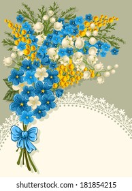 Cute greeting card with bouquet of spring flowers and place for your text