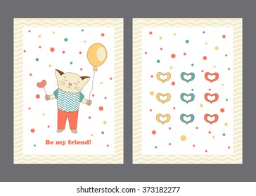 Cute greeting card, brochure, invitation with happy cat, hearts, balloon, circles. Cartoon animals background