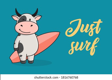 Cute greeting card with a bull, cow or ox, the symbol of 2021 in the Chinese or Eastern calendar. Vector stock flat illustration.