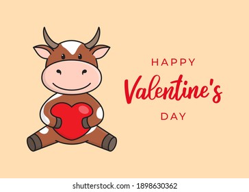 Cute greeting card with a bull, cow or ox, the symbol of the year 2021 in the Chinese or Eastern calendar. Handwritten Text "Happy Valentine's Day".  Vector stock flat illustration.