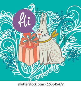 Cute greeting card with bunny and gift.