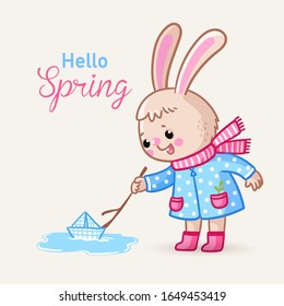 Cute greeting card with a bunny who launches a boat in a spring puddle. Vector illustration with animal in cartoon style.