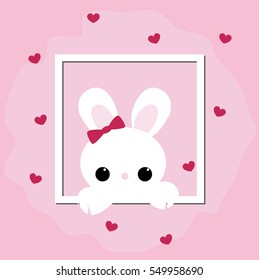 cute greeting card Bunny in the window frame on pink background with hearts. template baby shower or Valentine's day greetings. vector illustration.