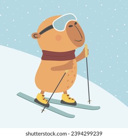 Cute greeting card with cute capybara skiing on mountain 