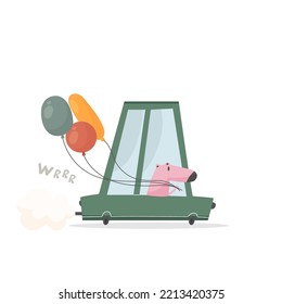 Cute greeting card with car and balloon. Scandinavian style printable vector design