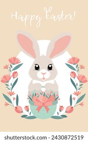 Cute greeting card with cartoon bunny holding a basket full of painted Easter eggs and spring flowers. Trendy Easter design with lettering in pastel colors. Hand drawn vector illustration.