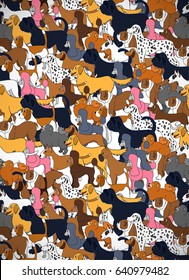 Cute greeting card with cartoon colored dogs. Different breeds. Good for wallpaper, pattern fills, greeting cards, webpage backgrounds, wrapping paper and textile or fabric. Vector illustration.