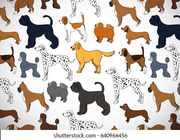 Cute greeting card with cartoon dogs. Different breeds. Good for wallpaper, pattern fills, greeting cards, webpage backgrounds, wrapping paper and textile or fabric. Vector illustration.