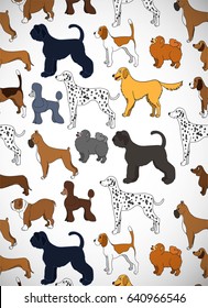 Cute greeting card with cartoon dogs. Different breeds. Good for wallpaper, pattern fills, greeting cards, webpage backgrounds, wrapping paper and textile or fabric. Vector illustration.
