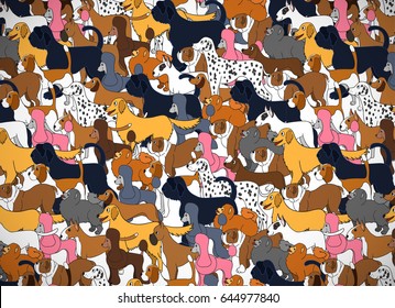 Cute greeting card with cartoon dogs. Different breeds. Good for wallpaper, pattern fills, greeting cards, webpage backgrounds, wrapping paper and textile or fabric. Vector illustration.