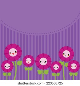 Cute greeting card with cartoon flowers. Kawaii japanese style.