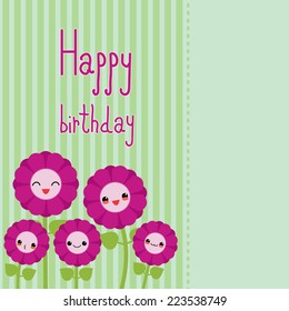 Cute greeting card with cartoon flowers. Kawaii japanese style.