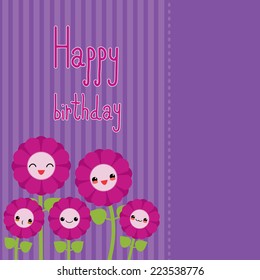 Cute greeting card with cartoon flowers. Kawaii japanese style.