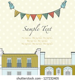 Cute greeting card with cartoon Paris roofs, birds and colorful bunting flags. Vector illustration.