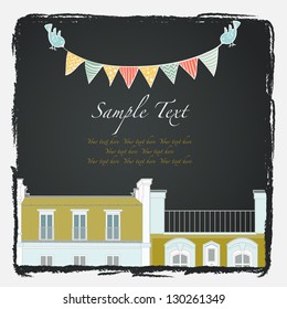 Cute greeting card with cartoon Paris roofs, birds and colorful bunting flags on chalkboard background. Vector illustration.