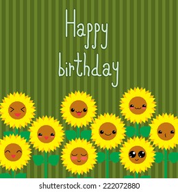 Cute greeting card with cartoon sunflowers. Kawaii japanese style.