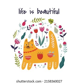 cute greeting card with cats and colorful flowers. hand-painted folk illustration with text