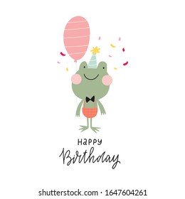Cute greeting card with a character - Frog. Fan print birthday party