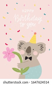 Cute greeting card with a character - Koala. Fan print birthday party