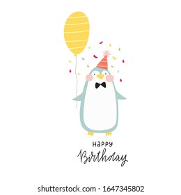 Cute greeting card with a character - Penguin. Fan print birthday party