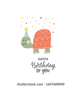 Cute greeting card with a character - turtle. Fan print birthday party