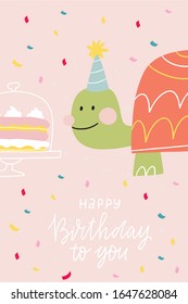 Cute greeting card with a character - turtle. Fan print birthday party