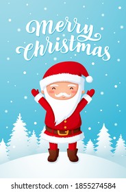 Cute greeting card with cheerful Santa Claus and Merry Christmas hand lettering. Vector eps10