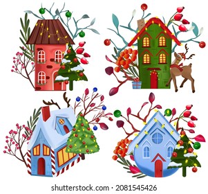 Cute greeting card with Christmas Houses, tree, red berries, tree branches, winter deer, leaf. Christmas winter illustration. Christmas cards. Vector illustration.