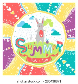 Cute greeting card with circle composition in vector. Lovely hand drawn text on the background of green hill, bunny, clover, flowers, sun and stars. Motivational poster or banner. Hi, summer! 