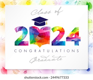 Cute greeting card for class of 2024 graduates. Congratulations graduate school banner. Creative coloured number 2024 with open book icon. Isolated elements. Holiday background. Colorful picture frame