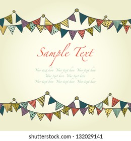 Cute greeting card with colorful childish bunting flags. Vector illustration.