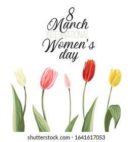 Cute greeting card with colorful tulips and international women day text. Spring floral background print with blossom vector flowers. Simple digital watercolor drawing abstract illustration.