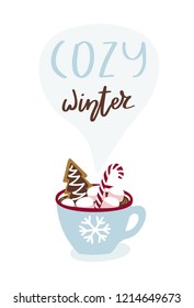 Cute greeting card with cup of hot chocolate and lettering Cozy winter. Vector illustration.