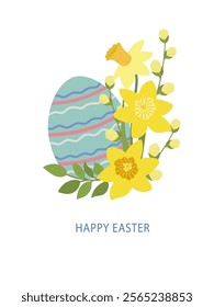 Cute greeting card with decorative colorful easter egg and spring flowers daffodils on white background. Vector illustration for poster, invitation, card or fabric