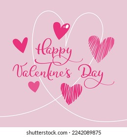 Cute greeting card in delicate pink colors for Valentine's Day. Drawn hearts and beautiful lettering.