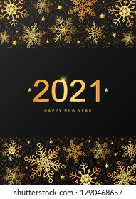 Cute greeting card design for Christmas and New year. Gold borders of snowflakes and typography quote '2021 Happy New year' good for posters, banners, invitations, prints, signs, etc. EPS 10 - Shutterstock ID 1790468657