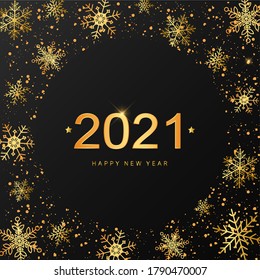 Cute greeting card design for Christmas and New year. Gold frame of snowflakes and typography quote '2021 Happy New year' good for posters, banners, invitations, prints, signs, etc. EPS 10