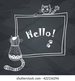 Cute greeting card with doodle cats. Vector hand drawn cats with doodle ornament and frame. Card with ornate cats. Vector illustration. 