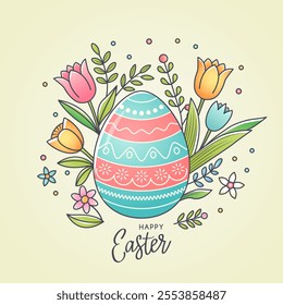 Cute greeting card with Easter eggs, flowers and greeting lettering Happy Easter. flat vector on white background