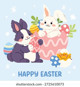 Cartão de felicitações bonito com coelhos de Páscoa. Coelhinhos felizes e engraçados com ovo de Páscoa, cenoura, flores.  Coleção de primavera de animais e decorações. Cartaz, cartão, scrapbooking , autocolantes