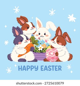 Cute greeting card with Easter rabbits. Happy and funny bunnies with Easter egg, carrot, flowers.  Spring collection of animals and decorations. For poster, card, scrapbooking , stickers