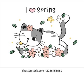 cute greeting card fat cat in flower garden I love spring, cartoon animal pet doodle drawing vector