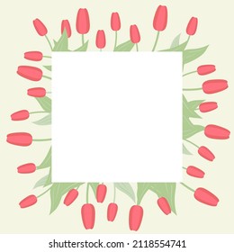 linda tarjeta de saludo con tulipanes de marco floral y tarjeta con ilustración vectorial plana de amor