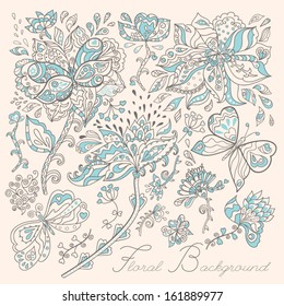 Cute greeting card with flowers and butterflies in a gray and blue colors. Vector floral background.