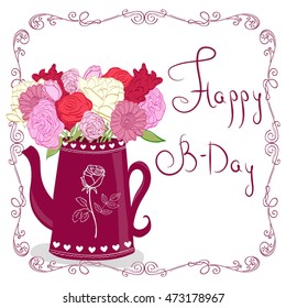 Cute greeting card with flowers. Flowers in jar. Happy birthday card.